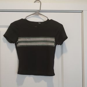 Black sweater, gray and white strips